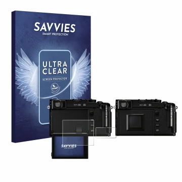 Parte frontal de un envase de producto con el logotipo de la marca Savvies. Al lado se muestra el dispositivo Fujifilm X-Pro3 