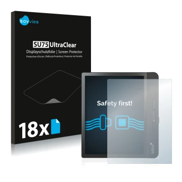 Parte frontal de un envase de producto con el logotipo de la marca Savvies. Al lado se muestra el dispositivo Tolino Epos 2 co