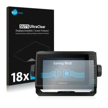 Parte frontal de un envase de producto con el logotipo de la marca Savvies. Al lado se muestra el dispositivo Garmin ECHOMAP U