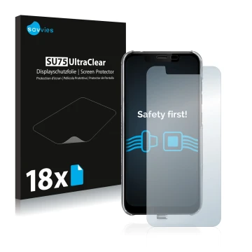 Parte frontal de un envase de producto con el logotipo de la marca Savvies. Al lado se muestra el dispositivo Gigaset GS195LS 