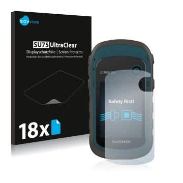 Parte frontal de un envase de producto con el logotipo de la marca Savvies. Al lado se muestra el dispositivo Garmin eTrex 22x