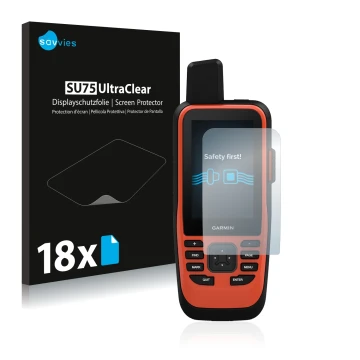 Parte frontal de un envase de producto con el logotipo de la marca Savvies. Al lado se muestra el dispositivo Garmin GPSMAP 86