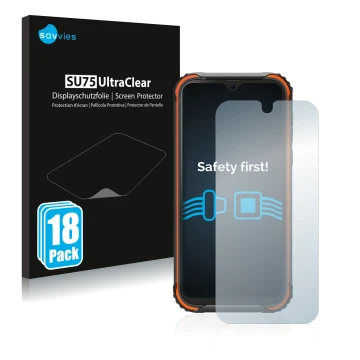 Parte frontal de un envase de producto con el logotipo de la marca Savvies. Al lado se muestra el dispositivo Blackview BV5900