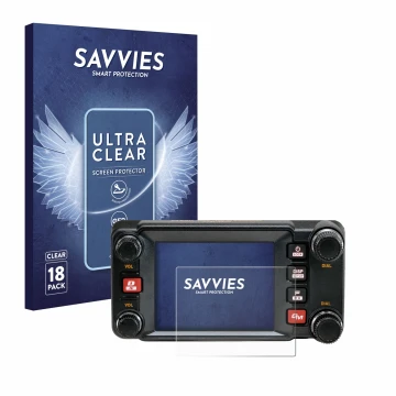 Parte frontal de un envase de producto con el logotipo de la marca Savvies. Al lado se muestra el dispositivo Yaesu FTM-400XDR