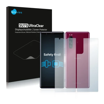 Parte frontal de un envase de producto con el logotipo de la marca Savvies. Al lado se muestra el dispositivo Sony Xperia 5 (F