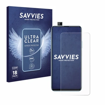 Parte frontal de un envase de producto con el logotipo de la marca Savvies. Al lado se muestra el dispositivo Huawei P smart P