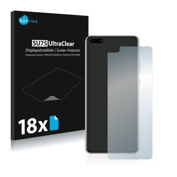 Parte frontal de un envase de producto con el logotipo de la marca Savvies. Al lado se muestra el dispositivo Huawei P40 con s