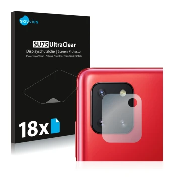 Parte frontal de un envase de producto con el logotipo de la marca Savvies. Al lado se muestra el dispositivo Samsung Galaxy N