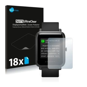 Parte frontal de un envase de producto con el logotipo de la marca Savvies. Al lado se muestra el dispositivo Huami Amazfit Bi