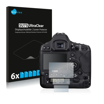 Parte frontal de un envase de producto con el logotipo de la marca Savvies. Al lado se muestra el dispositivo Canon EOS 1D X M