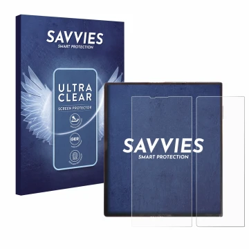 Parte frontal de un envase de producto con el logotipo de la marca Savvies. Al lado se muestra el dispositivo Huawei Mate Xs c