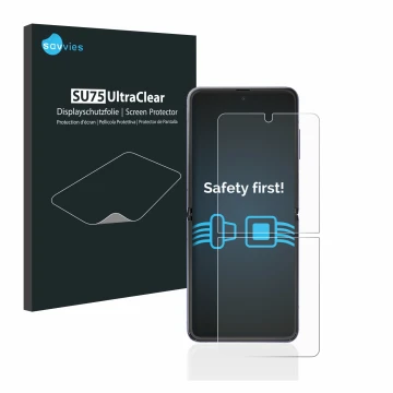 Parte frontal de un envase de producto con el logotipo de la marca Savvies. Al lado se muestra el dispositivo Samsung Galaxy Z