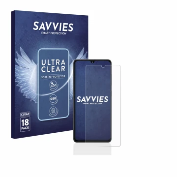 Parte frontal de un envase de producto con el logotipo de la marca Savvies. Al lado se muestra el dispositivo Samsung Galaxy A