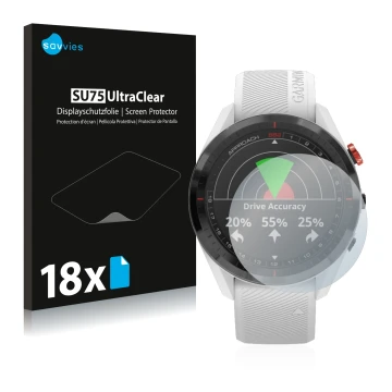 Parte frontal de un envase de producto con el logotipo de la marca Savvies. Al lado se muestra el dispositivo Garmin Approach 