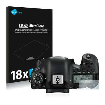 Parte frontal de un envase de producto con el logotipo de la marca Savvies. Al lado se muestra el dispositivo Canon EOS 6D (pa