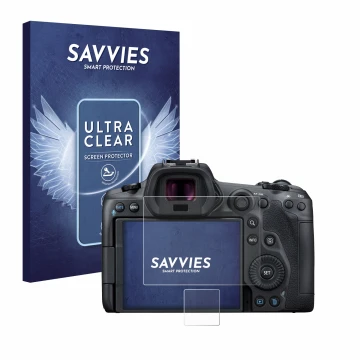 Parte frontal de un envase de producto con el logotipo de la marca Savvies. Al lado se muestra el dispositivo Canon EOS R5 con