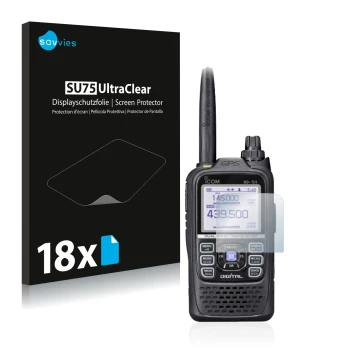 Parte frontal de un envase de producto con el logotipo de la marca Savvies. Al lado se muestra el dispositivo Icom ID-51E Plus