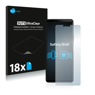 Parte frontal de un envase de producto con el logotipo de la marca Savvies. Al lado se muestra el dispositivo Sony Xperia 10 I