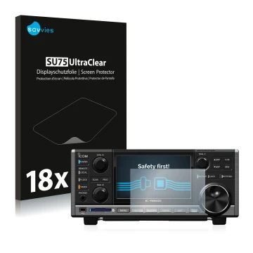 Parte frontal de un envase de producto con el logotipo de la marca Savvies. Al lado se muestra el dispositivo Icom IC-R8600 co