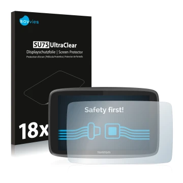 Parte frontal de un envase de producto con el logotipo de la marca Savvies. Al lado se muestra el dispositivo TomTom Go Profes