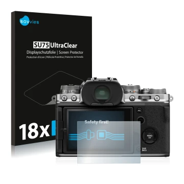 Parte frontal de un envase de producto con el logotipo de la marca Savvies. Al lado se muestra el dispositivo Fujifilm X-T4 co