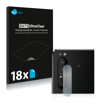 Parte frontal de un envase de producto con el logotipo de la marca Savvies. Al lado se muestra el dispositivo Sony Xperia 1 II