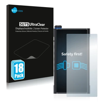 Parte frontal de un envase de producto con el logotipo de la marca Savvies. Al lado se muestra el dispositivo FiiO M15 con su 