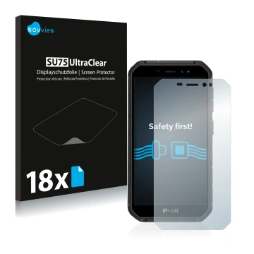 Parte frontal de un envase de producto con el logotipo de la marca Savvies. Al lado se muestra el dispositivo Ulefone Armor X7