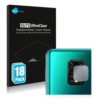 Parte frontal de un envase de producto con el logotipo de la marca Savvies. Al lado se muestra el dispositivo Xiaomi Redmi Not