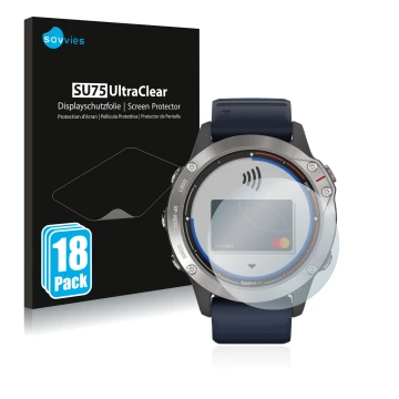 Parte frontal de un envase de producto con el logotipo de la marca Savvies. Al lado se muestra el dispositivo Garmin quatix 6 