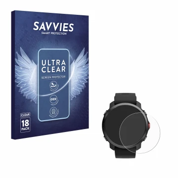 Parte frontal de un envase de producto con el logotipo de la marca Savvies. Al lado se muestra el dispositivo Polar Grit X con