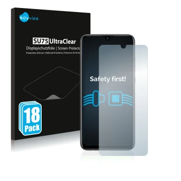 Parte frontal de un envase de producto con el logotipo de la marca Savvies. Al lado se muestra el dispositivo Huawei P smart 2