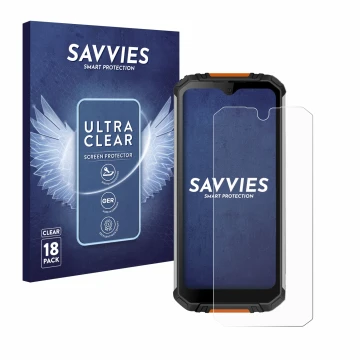 Parte frontal de un envase de producto con el logotipo de la marca Savvies. Al lado se muestra el dispositivo Oukitel WP6 con 