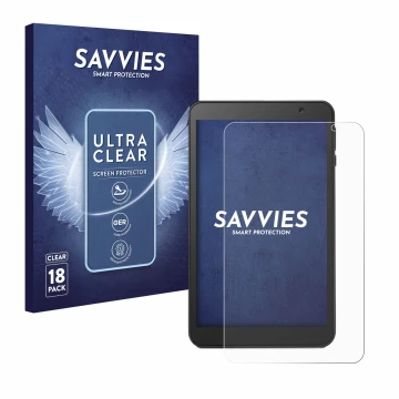 Parte frontal de un envase de producto con el logotipo de la marca Savvies. Al lado se muestra el dispositivo Vankyo MatrixPad