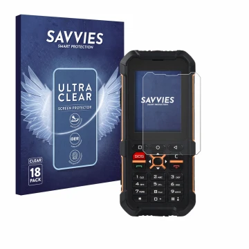 Parte frontal de un envase de producto con el logotipo de la marca Savvies. Al lado se muestra el dispositivo RugGear RG170 co