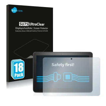 Parte frontal de un envase de producto con el logotipo de la marca Savvies. Al lado se muestra el dispositivo Amazon Fire HD 8