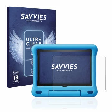 Parte frontal de un envase de producto con el logotipo de la marca Savvies. Al lado se muestra el dispositivo Amazon Fire HD 8