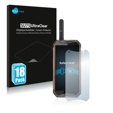 Parte frontal de un envase de producto con el logotipo de la marca Savvies. Al lado se muestra el dispositivo Ulefone Armor 3w