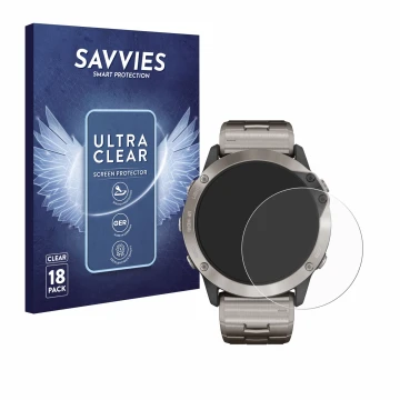 Parte frontal de un envase de producto con el logotipo de la marca Savvies. Al lado se muestra el dispositivo Garmin quatix 6x