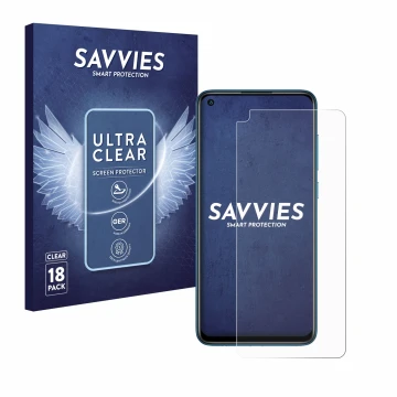 Parte frontal de un envase de producto con el logotipo de la marca Savvies. Al lado se muestra el dispositivo Xiaomi Redmi Not
