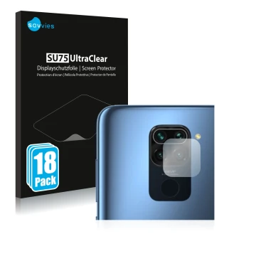 Parte frontal de un envase de producto con el logotipo de la marca Savvies. Al lado se muestra el dispositivo Xiaomi Redmi Not