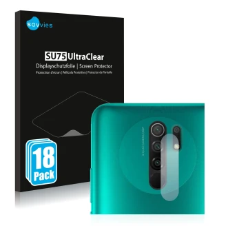 Parte frontal de un envase de producto con el logotipo de la marca Savvies. Al lado se muestra el dispositivo Xiaomi Redmi 9 (