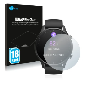 Parte frontal de un envase de producto con el logotipo de la marca Savvies. Al lado se muestra el dispositivo Xiaomi Mi Watch 