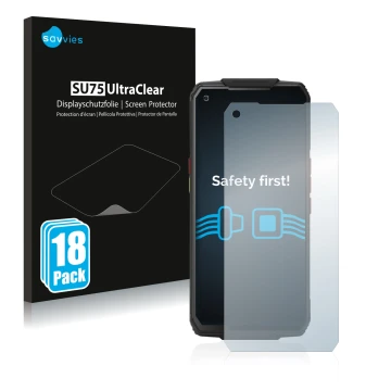 Parte frontal de un envase de producto con el logotipo de la marca Savvies. Al lado se muestra el dispositivo Oukitel WP7 con 