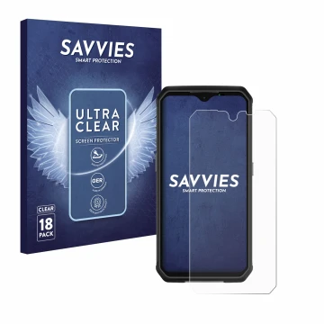 Parte frontal de un envase de producto con el logotipo de la marca Savvies. Al lado se muestra el dispositivo Ulefone Armor 9 