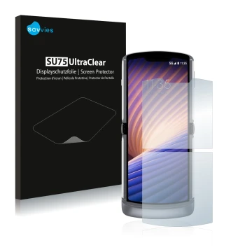Parte frontal de un envase de producto con el logotipo de la marca Savvies. Al lado se muestra el dispositivo Motorola Razr 5G
