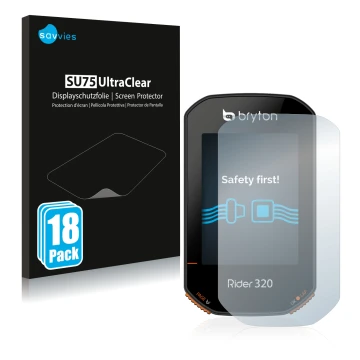 Parte frontal de un envase de producto con el logotipo de la marca Savvies. Al lado se muestra el dispositivo Bryton Rider 320