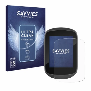 Parte frontal de un envase de producto con el logotipo de la marca Savvies. Al lado se muestra el dispositivo Garmin Edge 130 
