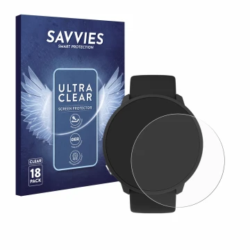 Parte frontal de un envase de producto con el logotipo de la marca Savvies. Al lado se muestra el dispositivo Polar Unite con 