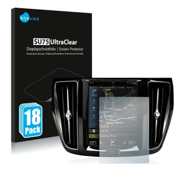 Parte frontal de un envase de producto con el logotipo de la marca Savvies. Al lado se muestra el dispositivo Volvo S60 Sensus